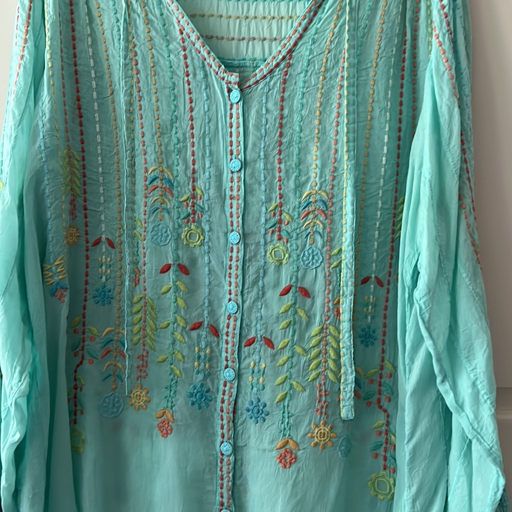 Johnny Was Aqua Embroidered tunic top large - Picture 9 of 16